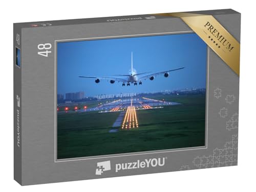 puzzleYOU: Puzzle 48 Teile „Passagierflugzeug im Landeanflug am Reiseziel“ – aus der Puzzle-Kollektion Flugzeuge, Flughafen von puzzleYOU