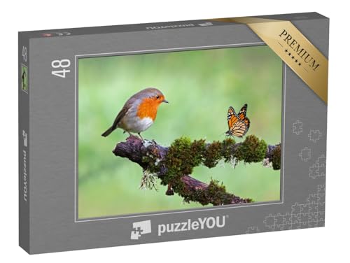 puzzleYOU: Puzzle 48 Teile „Rotkehlchen und Schmetterling“ – aus der Puzzle-Kollektion Vögel, Rotkehlchen von puzzleYOU