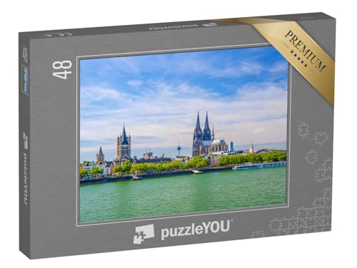 puzzleYOU: Puzzle 48 Teile „Stadtzentrum mit Kölner Dom St. Peter am Rheinufer, Deutschland“ – aus der Puzzle-Kollektion Nordrhein-Westfalen von puzzleYOU