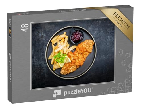 puzzleYOU: Puzzle 48 Teile „Wiener Schnitzel mit Pommes Frites und Preiselbeersauce“ – aus der Puzzle-Kollektion Essen und Trinken von puzzleYOU