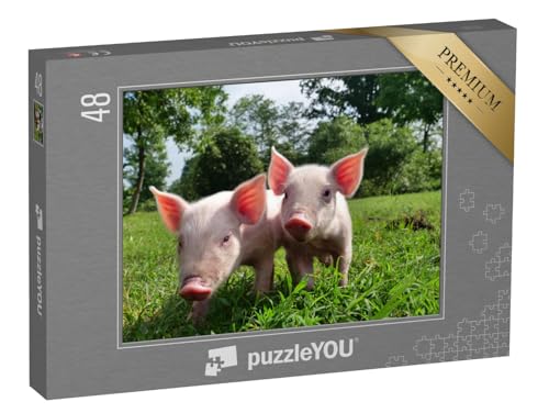 puzzleYOU: Puzzle 48 Teile „Zwei winzige Ferkel auf Einer grünen Wiese“ – aus der Puzzle-Kollektion Bauernhof-Tiere, Schweine & Ferkel von puzzleYOU