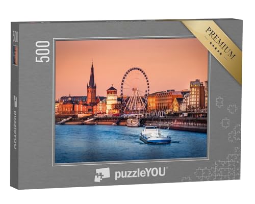 puzzleYOU: Puzzle 500 Teile „Abendlicher Blick auf den Rhein und die Altstadt von Düsseldorf, Deutschland“ – aus der Puzzle-Kollektion Düsseldorf von puzzleYOU