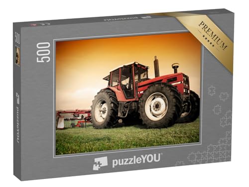 puzzleYOU: Puzzle 500 Teile „Alter roter Traktor auf der Wiese, Mäharbeiten“ – aus der Puzzle-Kollektion Traktoren von puzzleYOU