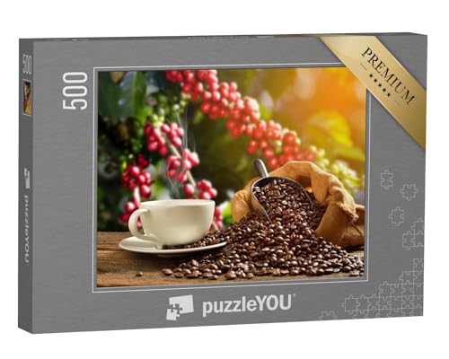 puzzleYOU: Puzzle 500 Teile „Dampfende Tasse Kaffee mit Kaffeebohnen“ – aus der Puzzle-Kollektion Kaffee, Getränke von puzzleYOU