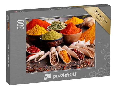 puzzleYOU: Puzzle 500 Teile „Eine Vielzahl von Gewürzen und Kräutern auf dem Küchentisch“ – aus der Puzzle-Kollektion Gewürze, Essen und Trinken von puzzleYOU