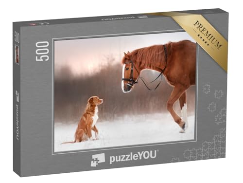 puzzleYOU: Puzzle 500 Teile „Freundschaft: Pfer und Hund beim Spaziergang durch den Schnee“ – aus der Puzzle-Kollektion Tiere von puzzleYOU