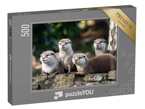 puzzleYOU: Puzzle 500 Teile „Gruppe von Vier aufmerksamen Orientalischen Kleinfischottern“ – aus der Puzzle-Kollektion Otter, Fische & Wassertiere von puzzleYOU