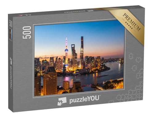 puzzleYOU: Puzzle 500 Teile „Hell erleuchtetes Shanghai bei Nacht“ – aus der Puzzle-Kollektion Aus Aller Welt, Shanghai Tower von puzzleYOU