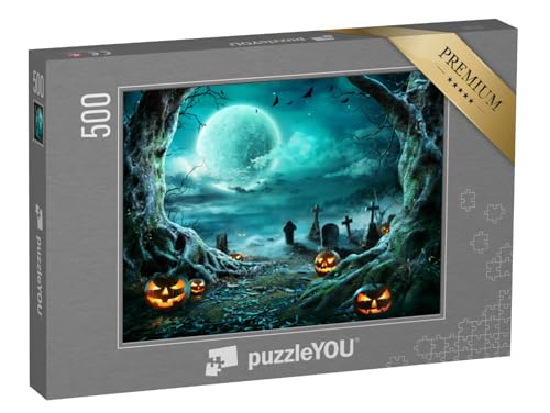 puzzleYOU: Puzzle 500 Teile „Jack 'O Lantern auf dem Friedhof unter dem Vollmond“ – aus der Puzzle-Kollektion Festtage von puzzleYOU