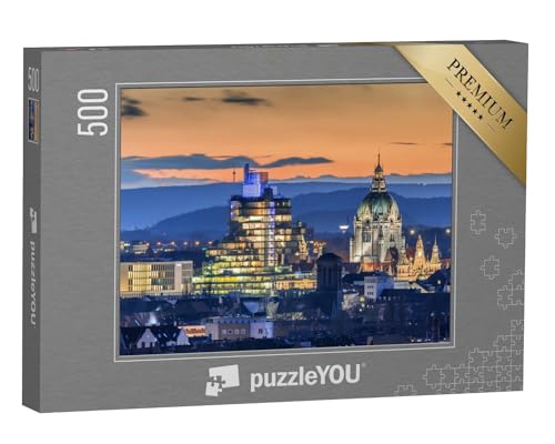 puzzleYOU: Puzzle 500 Teile „Luftbild von Hannover am Abend, Niedersachen“ – aus der Puzzle-Kollektion Niedersachsen von puzzleYOU