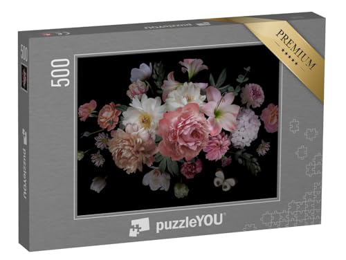 puzzleYOU: Puzzle 500 Teile „Luxuriöser barocker Blumenstrauß, Pfingstrosen, Rosen, Tulpen“ – aus der Puzzle-Kollektion Blumen, Blumen-Arrangements von puzzleYOU