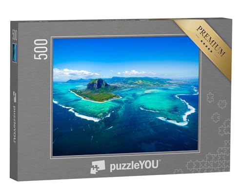 puzzleYOU: Puzzle 500 Teile „Mauritius mit dem Mount Le Morne Brabant und Unterwasser-Wasserfall“ – aus der Puzzle-Kollektion Natur, Inseln, Insel & Meer, Indischer Ozean von puzzleYOU