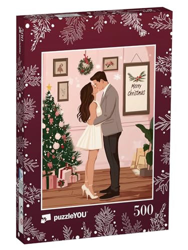 puzzleYOU: Puzzle 500 Teile „Merry Christmas: Liebespaar küsst Sich vor dem Weihnachtsbaum“ – aus der Puzzle-Kollektion Weihnachten von puzzleYOU