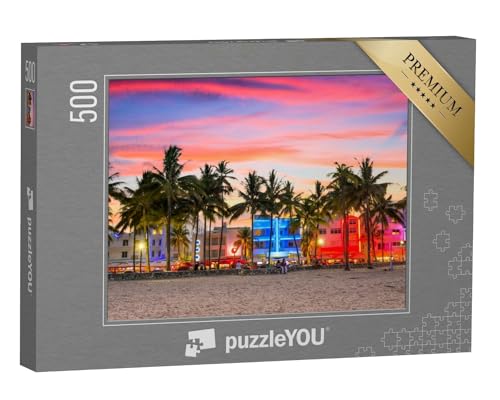 puzzleYOU: Puzzle 500 Teile „Ocean Drive im Sonnenuntergang, Miami Beach, Florida, USA“ – aus der Puzzle-Kollektion USA, Miami, Amerika, Florida, Amerikanische Städte von puzzleYOU