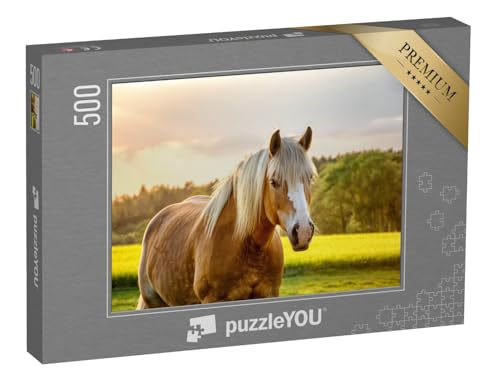 puzzleYOU: Puzzle 500 Teile „Pferd im goldenen Sonnenuntergang“ – aus der Puzzle-Kollektion Pferde, Haflinger Pferde von puzzleYOU