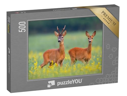 puzzleYOU: Puzzle 500 Teile „Rehwild auf einem Feld voller gelben Wildblumen“ – aus der Puzzle-Kollektion Rehe von puzzleYOU