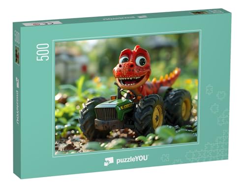 puzzleYOU: Puzzle 500 Teile „Roter Dino auf grünem Traktor“ von puzzleYOU