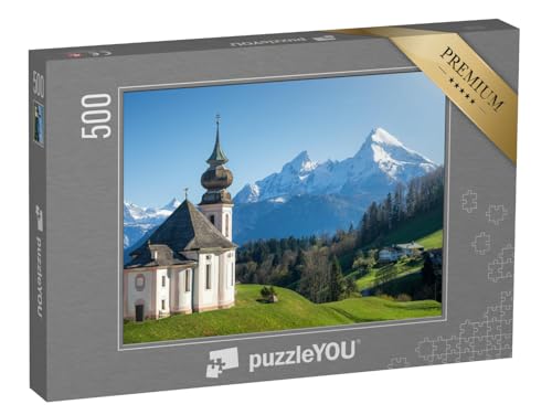 puzzleYOU: Puzzle 500 Teile „Schneebedeckter Watzmann-Gipfel und Maria Gern, Berchtesgadener Land“ – aus der Puzzle-Kollektion Watzmann von puzzleYOU