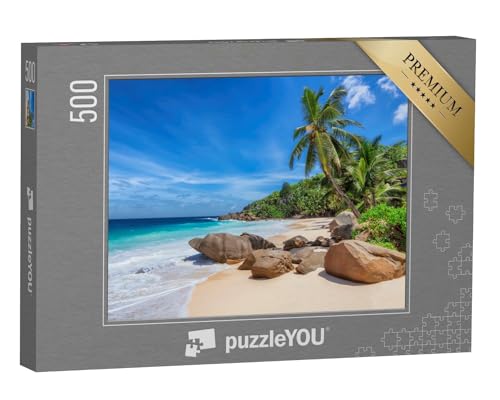 puzzleYOU: Puzzle 500 Teile „Tropischer Strand und Kokosnusspalmen auf den Seychellen“ – aus der Puzzle-Kollektion Jamaika von puzzleYOU