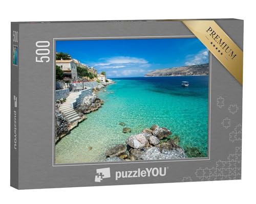 puzzleYOU: Puzzle 500 Teile „Türkisfarbenes Wasser des Mittelmeers, Limeni, Griechenland“ – aus der Puzzle-Kollektion Mittelmeer von puzzleYOU