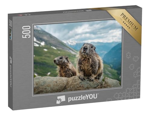 puzzleYOU: Puzzle 500 Teile „Zwei Murmeltiere und eine schöne Aussicht am Großglockner“ – aus der Puzzle-Kollektion Murmeltiere von puzzleYOU