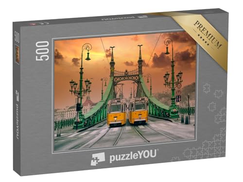 puzzleYOU: Puzzle 500 Teile „Zwei gelbe Trams auf der Freiheitsbrücke, Budapest, Architektur des Jugendstils“ – aus der Puzzle-Kollektion Straßenbahnen von puzzleYOU