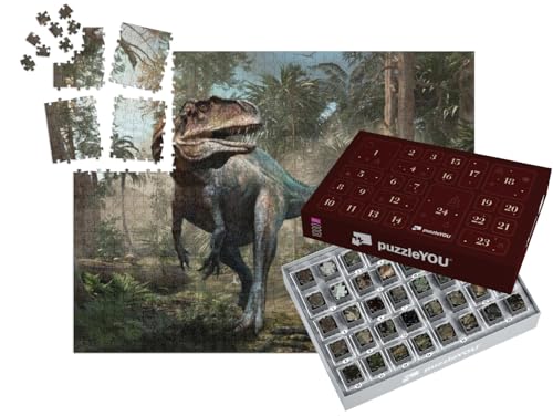 puzzleYOU: Puzzle-Adventskalender | „Acrocanthosaurus, Wald-Szene, 3D-Illustration“ – aus der Puzzle-Kollektion Dinosaurier, Tiere aus Fantasy & Urzeit von puzzleYOU