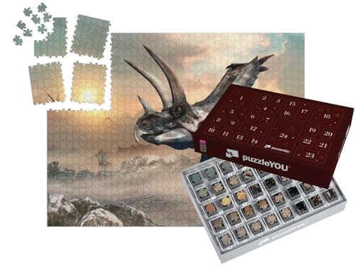 puzzleYOU: Puzzle-Adventskalender | „Agujaceratops, 3D-Illustration“ – aus der Puzzle-Kollektion Dinosaurier, Tiere aus Fantasy & Urzeit von puzzleYOU