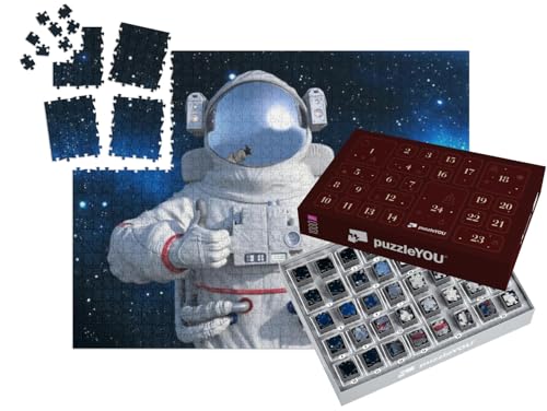 puzzleYOU: Puzzle-Adventskalender | „Astronaut im Raumanzug zeigt Daumen hoch, Kosmonaut schwebt im Weltraum, Nahaufnahme, 3D-Rendering“ von puzzleYOU