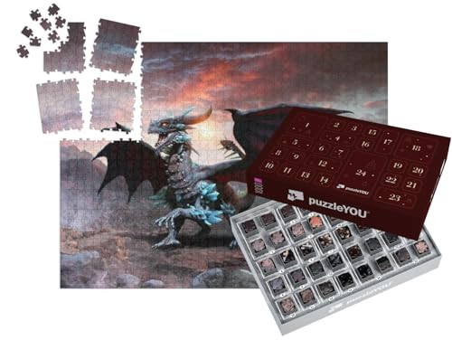 puzzleYOU: Puzzle-Adventskalender | „Blauer Drache, 3D-Illustration“ – aus der Puzzle-Kollektion Drache, Tiere aus Fantasy & Urzeit von puzzleYOU