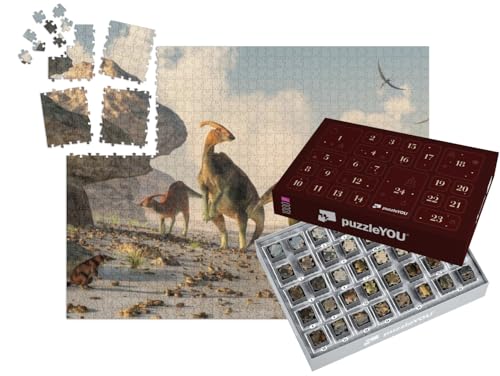 puzzleYOU: Puzzle-Adventskalender | „Eine 3D-Illustration: DREI Parasaurolophus“ – aus der Puzzle-Kollektion Dinosaurier von puzzleYOU