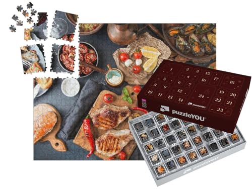 puzzleYOU: Puzzle-Adventskalender | „Fleisch und Meeresfrüchte vom Grill mit Gemüse“ – aus der Puzzle-Kollektion Essen und Trinken von puzzleYOU