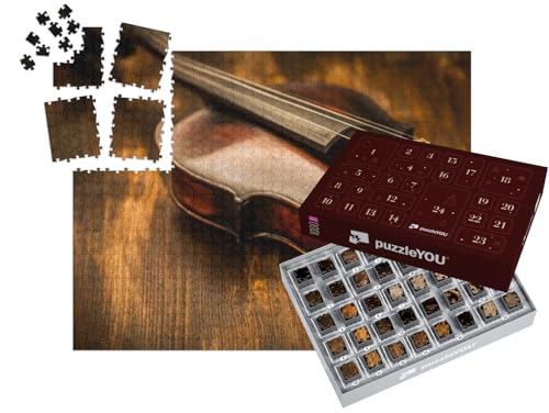 puzzleYOU: Puzzle-Adventskalender | „Geige: Vintage-Stil auf Holz-Hintergrund“ – aus der Puzzle-Kollektion Musik, Menschen von puzzleYOU