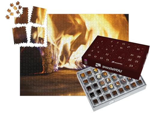 puzzleYOU: Puzzle-Adventskalender | „Gemütliche Atmosphäre: brennendes Holz im Ofen, Nahaufnahme“ – aus der Puzzle-Kollektion Winter, Himmel & Jahreszeiten von puzzleYOU