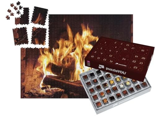 puzzleYOU: Puzzle-Adventskalender | „Gemütlicher Abend vor dem Kamin: Feuerstelle, Holz, Flammen“ – aus der Puzzle-Kollektion Winter, Himmel & Jahreszeiten von puzzleYOU