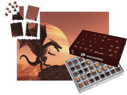 puzzleYOU: Puzzle-Adventskalender | „Ritter und der Drache in magischer Landschaft, 3D-Kunst-Illustration“ – aus der Puzzle-Kollektion Drache, Tiere aus Fantasy & Urzeit von puzzleYOU