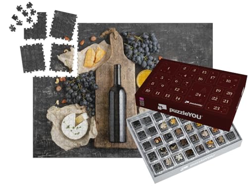 puzzleYOU: Puzzle-Adventskalender | „Rotweinflasche auf einem Schneidebrett aus Holz, Käse und Trauben“ – aus der Puzzle-Kollektion Wein von puzzleYOU