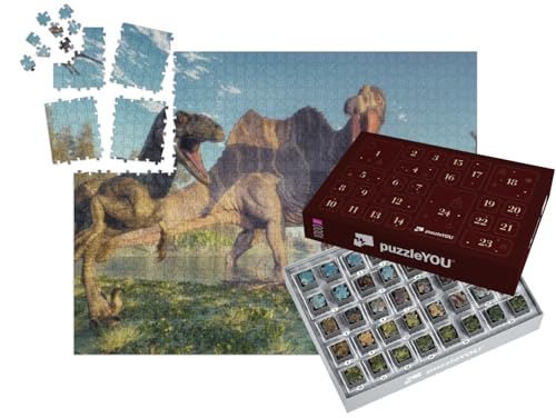 puzzleYOU: Puzzle-Adventskalender | „Spinosaurus und Deinonychus, Dschungel-Szene, 3D-Illustration“ – aus der Puzzle-Kollektion Dinosaurier, Tiere aus Fantasy & Urzeit von puzzleYOU