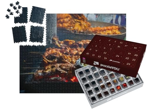 puzzleYOU: Puzzle-Adventskalender | „Streetfood vom Old Delhi Markt: Hähnchen vom Grill oder Chicken Seekh Kababs“ – aus der Puzzle-Kollektion Indien von puzzleYOU