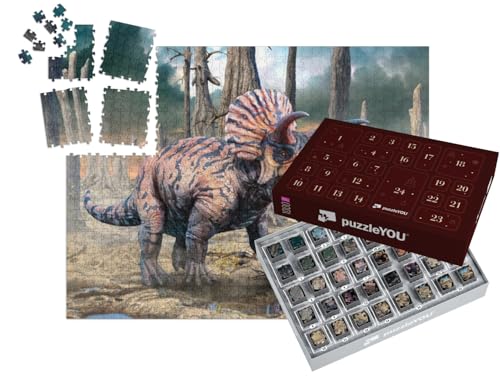 puzzleYOU: Puzzle-Adventskalender | „Triceratops aus der Kreidezeit, 3D-Illustration“ – aus der Puzzle-Kollektion Dinosaurier, Tiere aus Fantasy & Urzeit von puzzleYOU