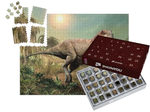 puzzleYOU: Puzzle-Adventskalender | „Tyrannosaurus rex, 3D-Illustration Einer Szene“ – aus der Puzzle-Kollektion Dinosaurier, Tiere aus Fantasy & Urzeit von puzzleYOU