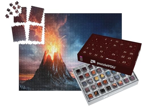 puzzleYOU: Puzzle-Adventskalender | „Vulkanischer Berg in Eruption, Vulkanausbruch, 3D-Illustration“ – aus der Puzzle-Kollektion Vulkane von puzzleYOU