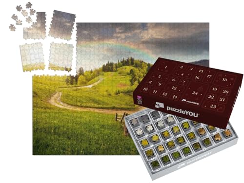 puzzleYOU: Puzzle-Adventskalender | „Wunderschöne grüne Hügellandschaft mit Regenboen“ – aus der Puzzle-Kollektion Regenbogen von puzzleYOU