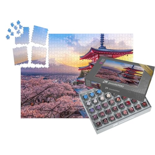 puzzleYOU: SMART Sorted® | Puzzle 1000 Teile leicht gemacht „Kirschblüte am Berg Fuji und die Chureito-Pagode bei Sonnenuntergang, Japan“ – aus der Puzzle-Kollektion Japan von puzzleYOU