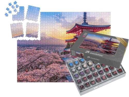 puzzleYOU: SMART Sorted® | Puzzle 1000 Teile leicht gemacht „Kirschblüte am Berg Fuji und die Chureito-Pagode bei Sonnenuntergang, Japan“ – aus der Puzzle-Kollektion Japan von puzzleYOU