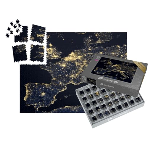 puzzleYOU: SMART Sorted® | Puzzle 1000 Teile leicht gemacht „Lichter der Stadt auf der Weltkarte, Europa, NASA“ – aus der Puzzle-Kollektion Weltraum, Universum, Himmel & Jahreszeiten von puzzleYOU
