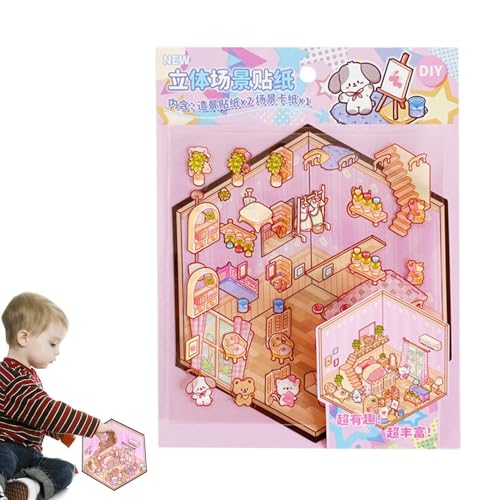 puzzlegame Miniatur-Haus-Aufkleber-Set, Miniatur-Aufkleber-Szene - Aufkleber zum Stressabbau mit -Effekt | Erstellen Sie Ihre eigenen Szenenaufkleber, kleine Haustierhaus-Aufkleberszenen für Kinder von puzzlegame