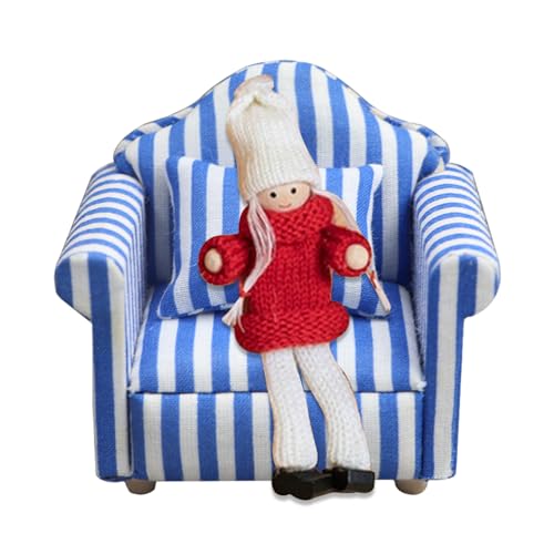 puzzlegame Puppenhaus-Sofa-Sessel, Miniatur-Puppenhaus-Couch-Sofa,Miniatur-Möbelspielzeug im Maßstab 1:12 | Miniatursofa aus Holzstoff, rote und weiße Streifen, hochsimuliertes Kinderspielzeug für von puzzlegame