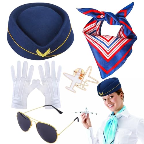 puzzlegame Stewardess-Kostümzubehör, Zubehör für Flugbegleiterbroschen, Für Handschuhe, Flugzeug-Brosche, Sonnenbrille, Baskenmütze, blau, rot, weiß, gestreift, Schal von puzzlegame