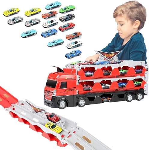 puzzlegame Transporter-LKW, Autotransporter-Spielzeug für Kinder,Spielzeug-Truck mit Schleuder-Rennstrecke und Mini-Rennwagen aus Legierung - Transporter-LKW-Spielzeugset, großes LKW-Spielzeug, von puzzlegame